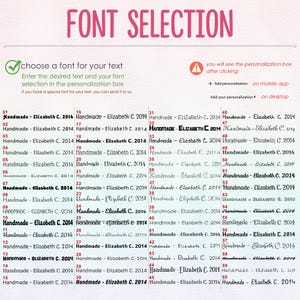 How to order guide shows 60 font options for personalized tags.  Each option displays 'Handmade - Elizabeth C. 2014' in a different font style.  Instructions include choosing a font, entering text, and selecting a font in the personalization box.  Mobile and desktop personalization options are shown.