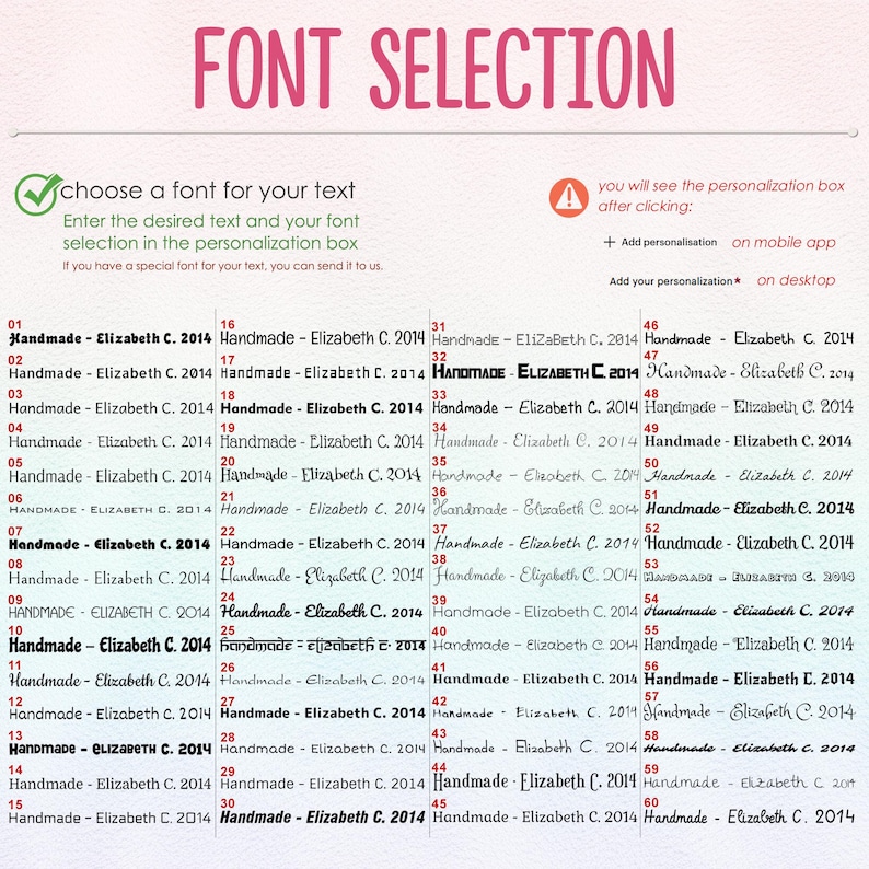 How to order guide shows 60 font options for personalized tags.  Each option displays 'Handmade - Elizabeth C. 2014' in a different font style.  Instructions include choosing a font, entering text, and selecting a font in the personalization box.  Mobile and desktop personalization options are shown.