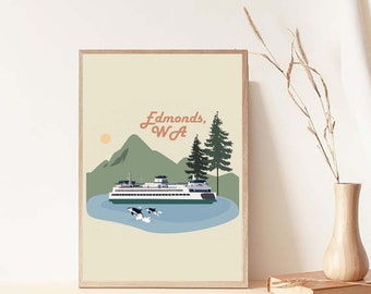 Edmonds Wall Print, Washington Inspired, PNW, Pacific Northwest Wall Art, Washington State, Minimalistic Print. Illustration Handmade