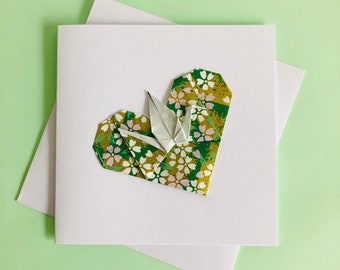 Green Origami Crane Heart Valentine’s Card, Card for Galentines Day, Valentines Day, Mother Day, Wedding, Anniversary, Birthday, Christmas