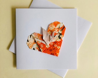 Orange Blossom Origami Crane Heart Greeting Card, Paper Heart Card for Galentines Day, Valentines Day, Mother Day, Anniversary, Birthday