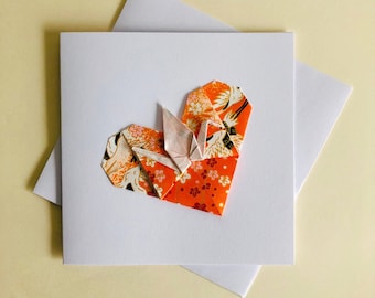 Orange Blossom Origami Crane Heart Card, Japanese Chiyogami Paper