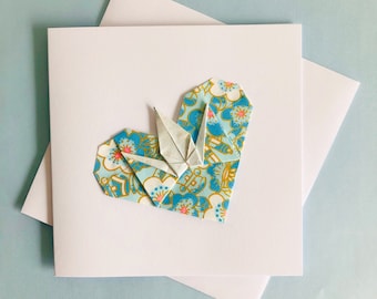 Origami kraanvogelhartkaart, Japans chiyogamipapier, handgemaakt