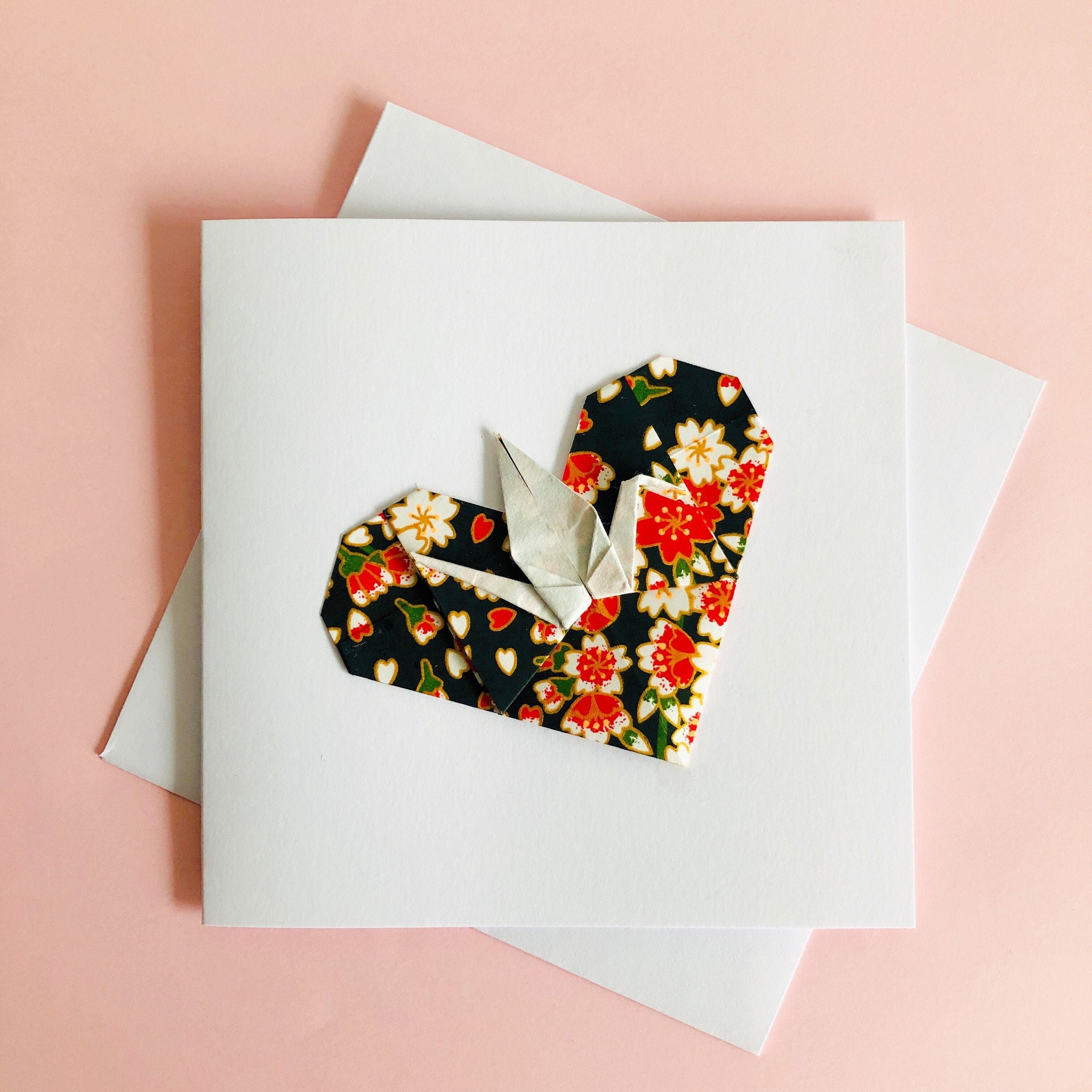Black Flower Origami Crane Heart Greeting Card, Paper Heart Card