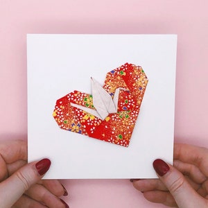 Tarjeta de San Valentín Origami Crane Heart, Tarjeta de corazón de papel para el Día de Galentine, Día de San Valentín, Día de la Madre, Aniversario de papel, Cumpleaños