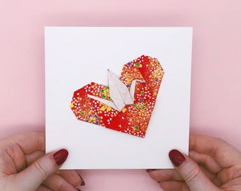 Origami kraanvogelhartkaart, handgemaakt chiyogamipapier, Japans design