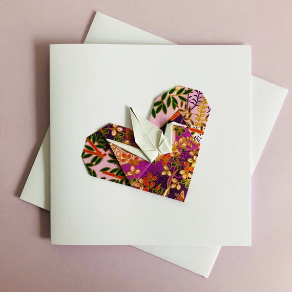 Purple Origami Crane Heart Greeting Card, Paper Heart Card for Galentines  Day, Valentines Day, Mother Day, Wedding, Anniversary, Birthday 