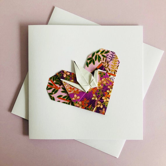 Purple Origami Crane Heart Greeting Card, Paper Heart Card for
