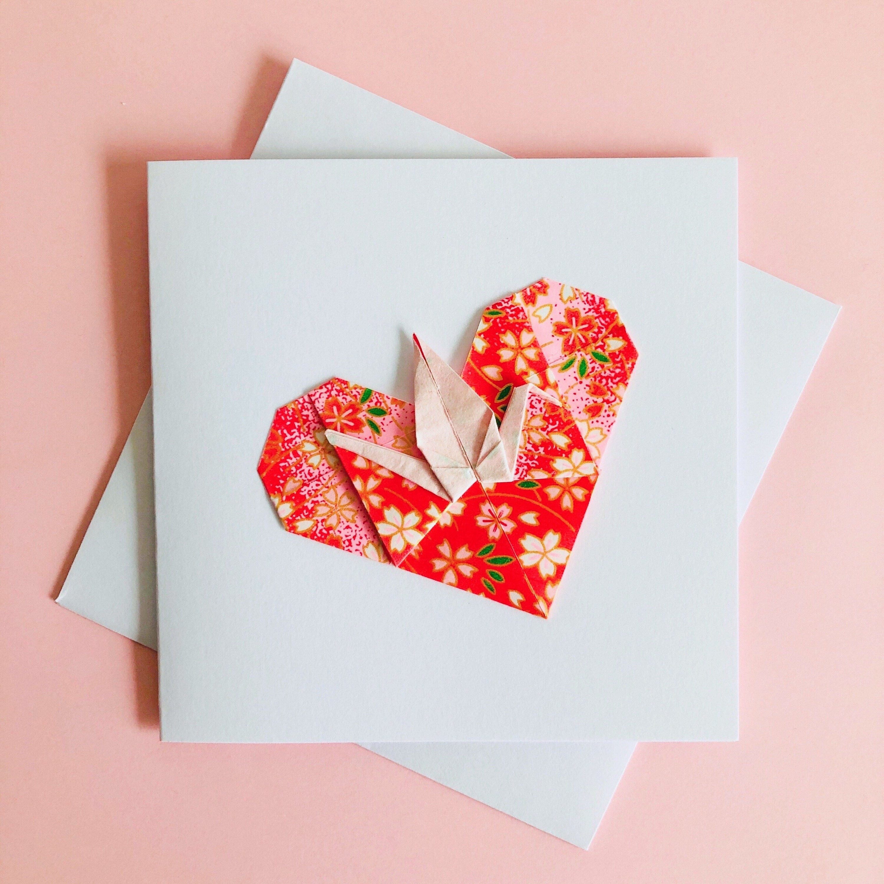 Origami Crane Heart Card, Japanese Chiyogami Paper, Handmade