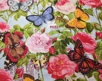Butterflies & Roses Floral Garden Print Cotton Fabric By Yard 44"w Mulitcolor Shabby Chic Journal Style Design for DIY Sewing and Crafting
