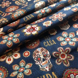 Navy Blue Cotton Fabric 44&quot; wide By Yard Mexican Sugar Skull Calaveras Mosaic Floral &quot;La Vida Loca&quot; Print DIY Sewing Projects