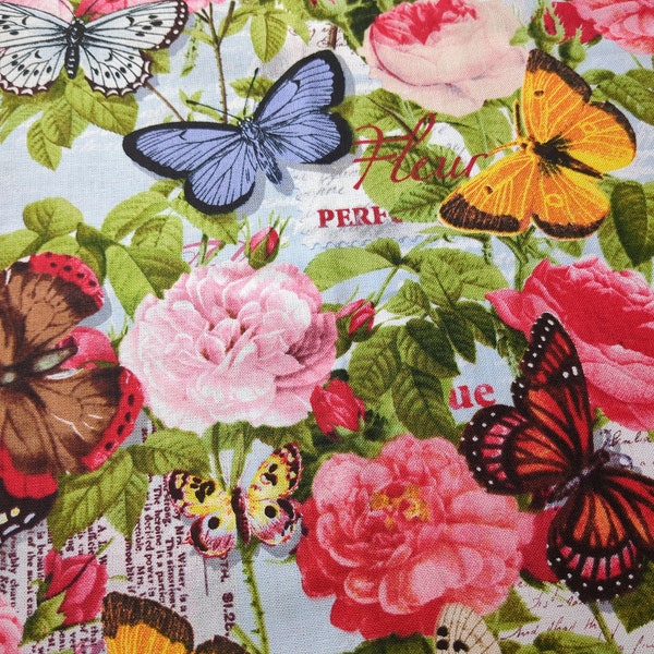 Butterflies & Roses Floral Garden Print Cotton Fabric By Yard 44"w Mulitcolor Shabby Chic Journal Style Design for DIY Sewing and Crafting