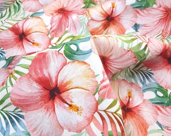 Blush Pink Hibiscus Tropical Flower and Palms Hawaiian Print Cotton Fabric By Yard 44" Wide DIY Sewing and Home Decor