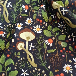 Woodland Mushroom Floral Botanical Print on Black Cotton Fabric By Yard 44&quot; Wide DIY Sewing and Home Decor