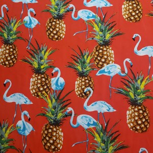 Tropical White Flamingo Pineapple Print Red Chiffon Fabric 58" By The Yard Summer Kitch Motif Large Print