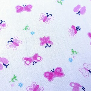 Small Pink Floral Butterfly Print White Poly Cotton Fabric 60&quot; By The Yard DIY home sewing
