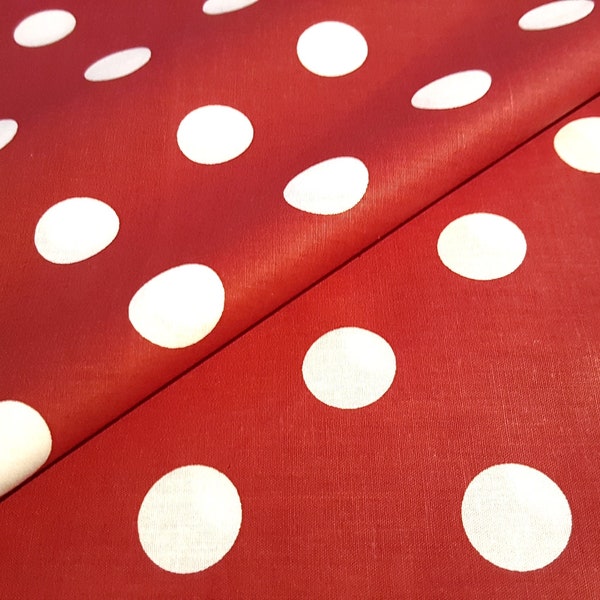 Red White Polka Dot Print Poly Cotton Fabric 58" width By The Yard One Inch Big Dots | tela poly algodon rojo y blanco