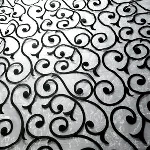 Elegant Black Swirls Filigree Vines Flocked Organza Fabric 58" By The Yard