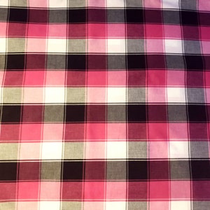 Pink White Black Tartan Plaid Stretch Cotton Fabric 50&quot; By The Yard Lightweight Stretch Shirting