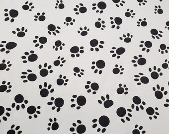 Black Puppy or Kitten Paw Print on White Poly Cotton Fabric 58" By The Yard for DIY Sewing, Crafting, and Decor