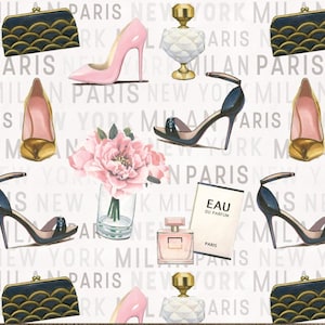 May include: A white background with a repeating pattern of black and gold clutches, pink and black high heels, and perfume bottles. The text "Paris, New York, Milan" is repeated throughout the image. The text "Eau du Parfum" is also visible on a white box.