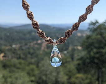 Custom handmade hemp necklace. Glass hand blown mushroom teardrop pendant on alternating brown and natural hemp. Magic mushroom hippie Gift