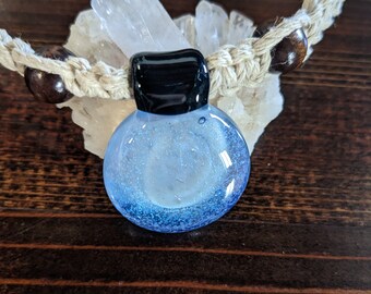 Unique hand blown blue round glass pendant on handmade square knot natural hemp necklace. Gift. Him/Her. 18 in.