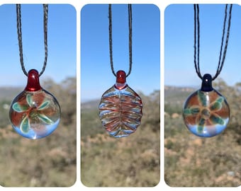 Unique hand-blown glass pendant. Custom handmade hemp necklace. Hippie. Trippy. Boho. Gift.