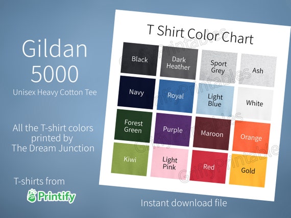 Gildan 5000 T Shirt Color Chart for 