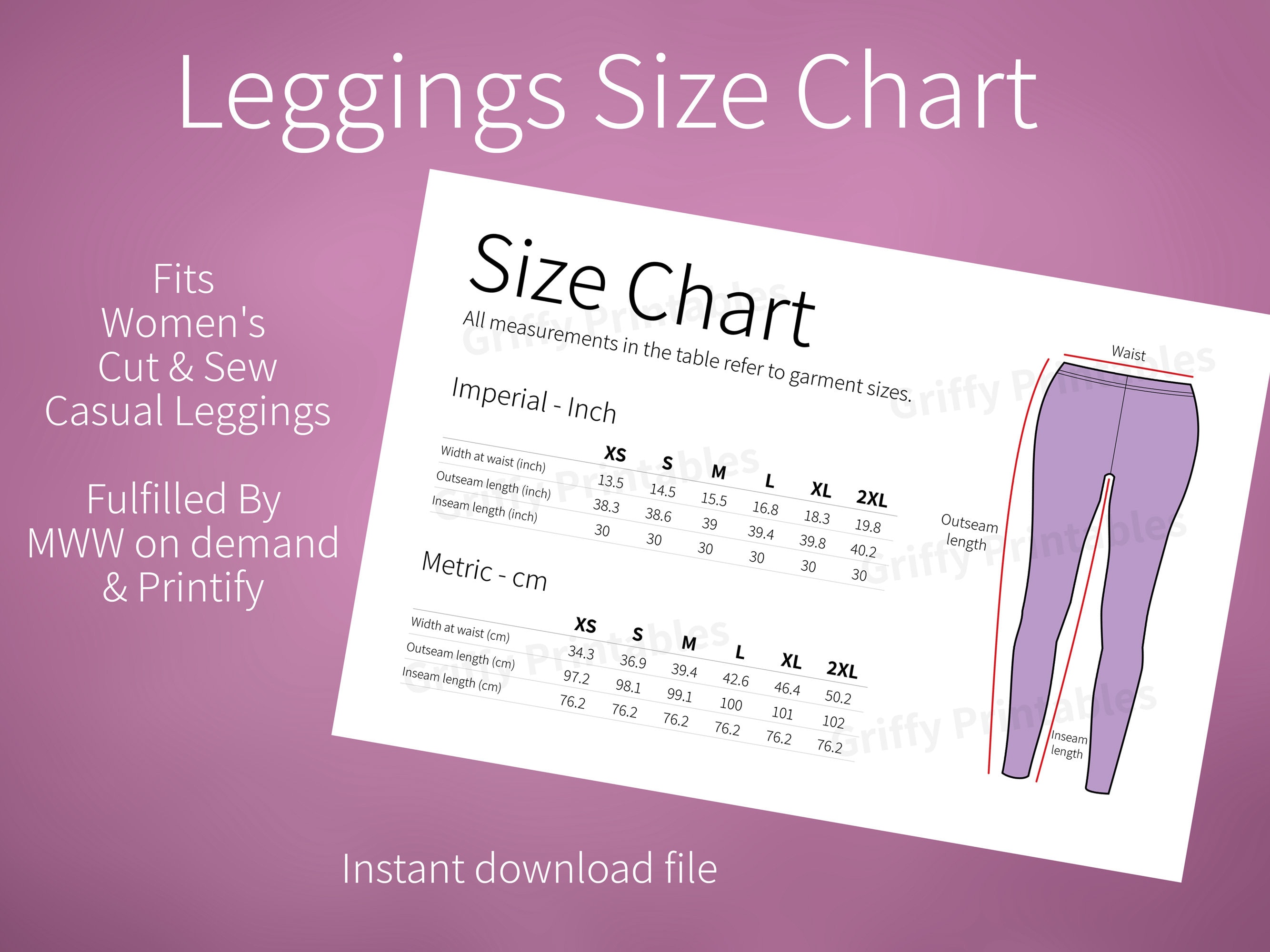 Leggings size chart | fits printify Women's Cut & Sew Casual Leggings |  print on demand pod shops 2020