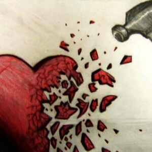 May include: A red heart is broken into pieces by a hammer. The heart is drawn in a realistic style, with shading and detail. The hammer is drawn in a simple style, with a gray handle and a silver head.