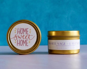 Housewarming Candle Tin Gift Lavender Candle Tin New Home Gift Realtor Gift for New Home Sage Candle Vegan Soy Wax Spa Relaxing Gift
