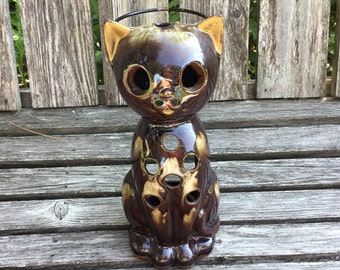 Mid Century Halloween cat tea light candle holder, vintage brown Inarco dripware/red ware ceramic cat lantern/handle, rare Halloween lantern