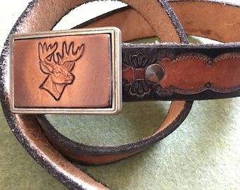 Vintage handmade embossed deer/buck leather belt and buckle, 36” leather deer belt
