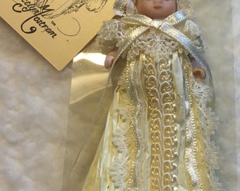 Vintage Kurt Adler mini christening doll ornament, Jocelyn Mostrom doll ornament, mini doll ornament, 80’s Kurt Adler collectible