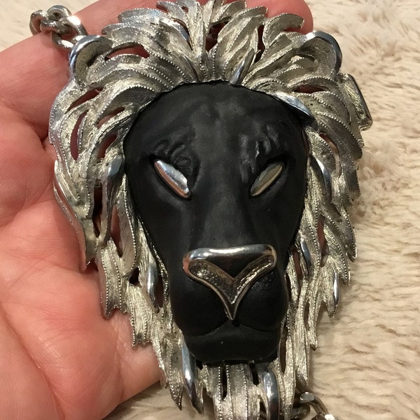 REDUCED Vintage Luca Razza 1970’s Black Lion necklace, Lion costume jewelry necklace, Leo statement necklace, silver toned Lion head