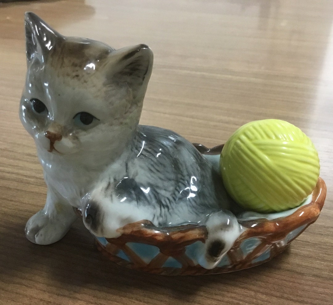 Vintage Enesco Cat Figurine, Porcelain Calico Cat in a Basket With