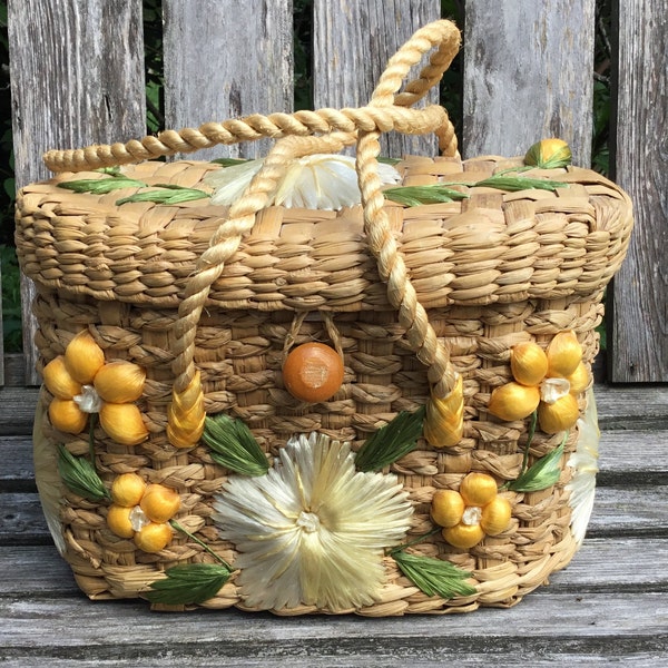 Large straw purse with raffia flowers, vintage Philippines tote, handmade 60’s-70’s purse with woven raffia floral decorations, beach bag