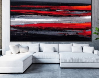 96&quot; Original handmade textured Red Black Painting Abstract Oversized Framed Painting Custom size up to 108&quot; handmade art for interiors decor