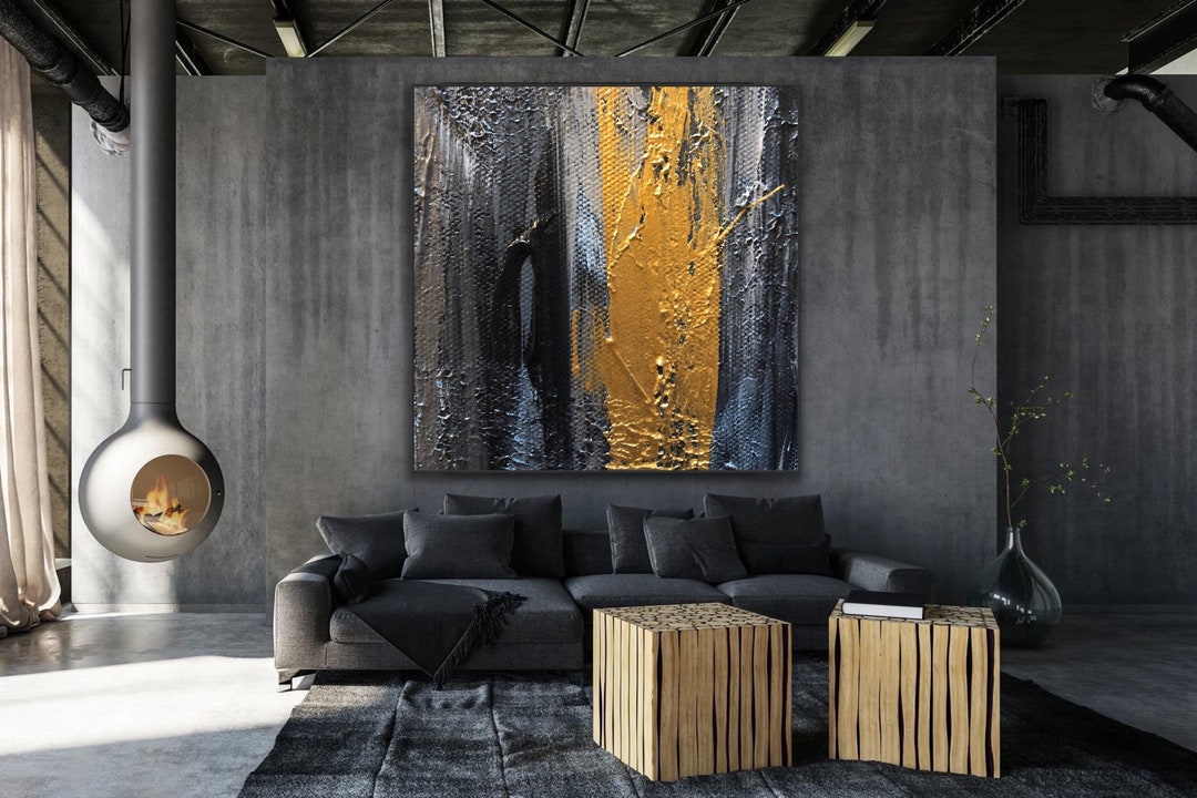 Extra Large Wall Art Original Abstract Painting Black Gold Minimal ...