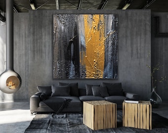 Extra Large Wall Art for Living Room Black Gold Abstract Painting Textured Canvas Minimalist Modern Wall Decor Oversized Custom Size MA0012