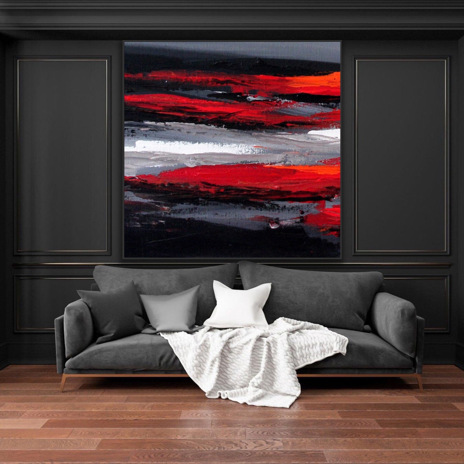 96" Large Wall Art Original Abstract Painting Black Red Gray Painting ...