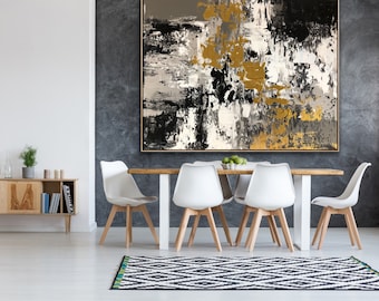 Large Wall Art for Living Room Black Grey White Gold Abstract Painting Framed Canvas Minimalist Modern Wall Decor Oversized Custom Size
