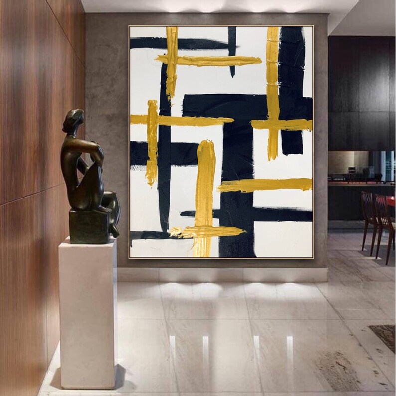 Large Wall Art Original Abstract Painting Black White Gold Etsy