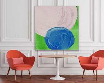 White Green Blue Wall Art for Living Room Large Abstract Painting Minimalist Canvas Geometric Mid Century Modern Decor Custom Size