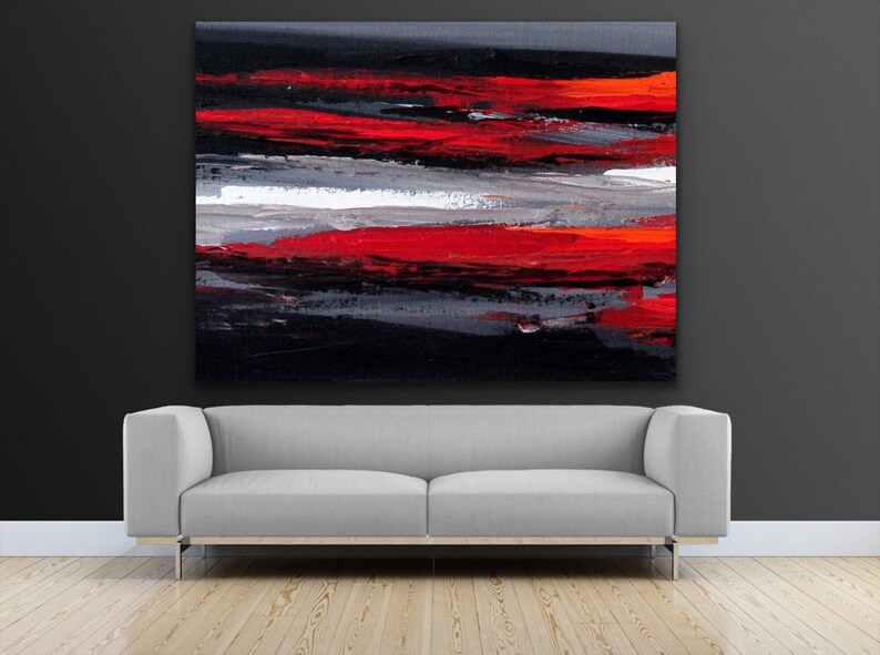 96" Wall Art Original Abstract Painting Red Black Grey White Minimal ...