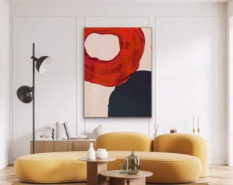 Red Geometric Wall Art for Living Room Large Abstract Painting Minimalist Canvas Mid Century Modern Decor Oversized Custom Size MOD3