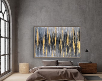Cuadro de gran tamaño para sala de estar, pintura abstracta en gris y dorado sobre lienzo texturizado con detalles en pan de oro. Decoración de pared moderna de lujo. Tamaño extragrande personalizado.