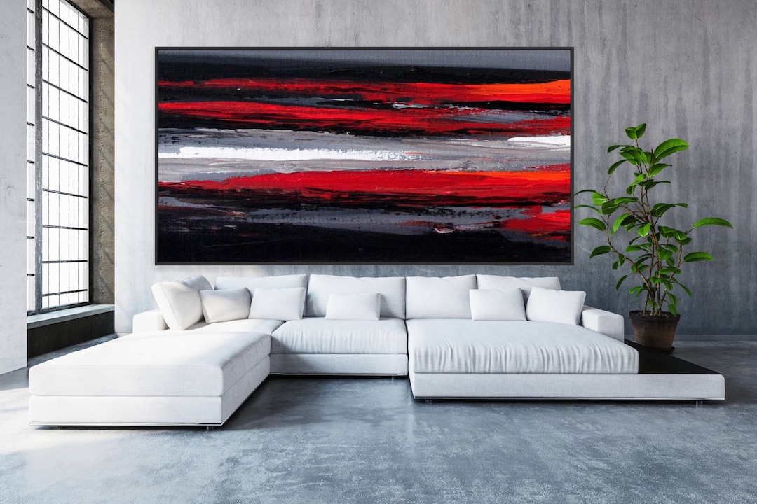 96" Large Wall Art Original Abstract Painting Black Grey White Red ...