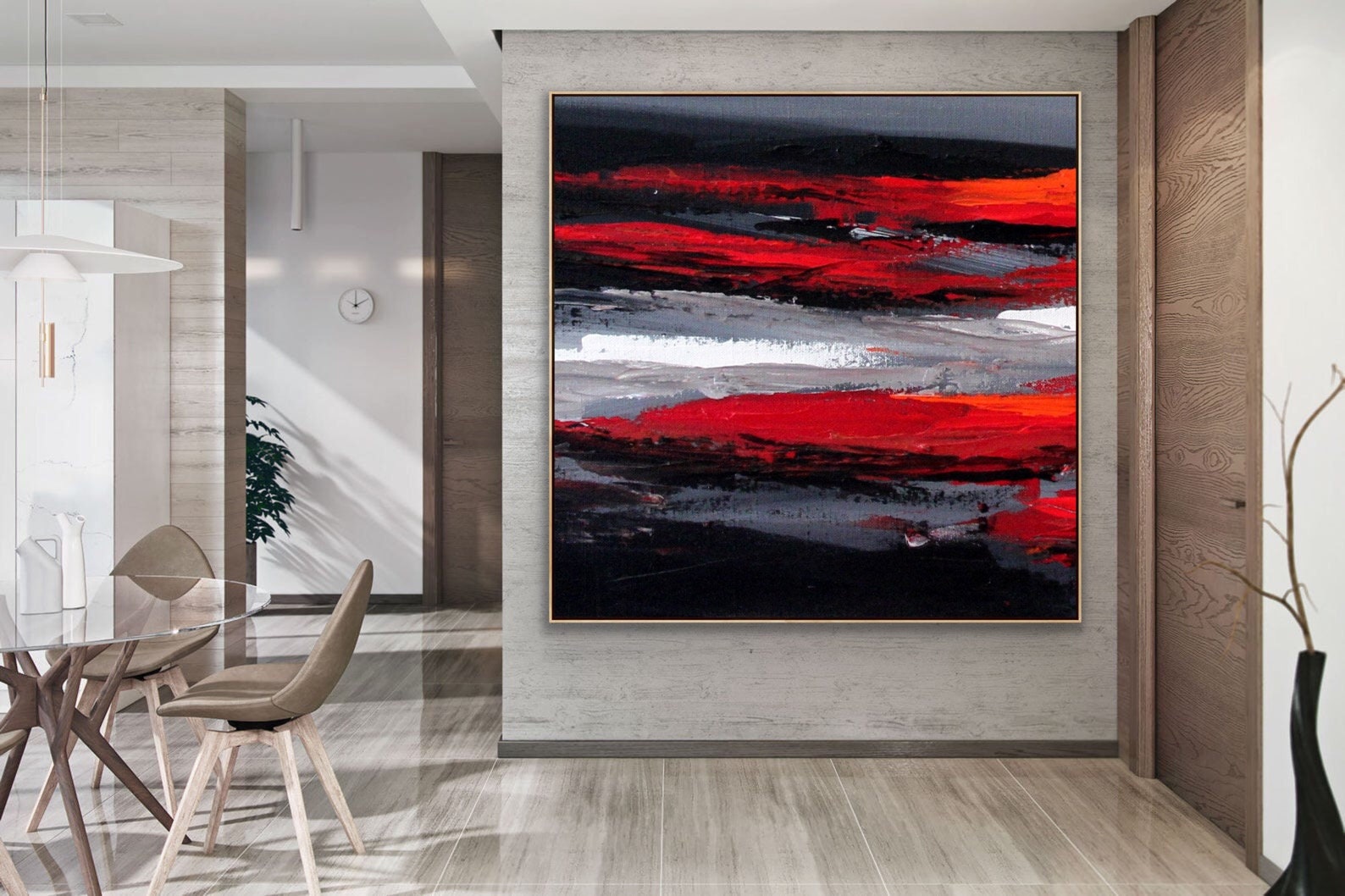 96" Large Wall Art Original Abstract Painting Black Red Gray Painting ...